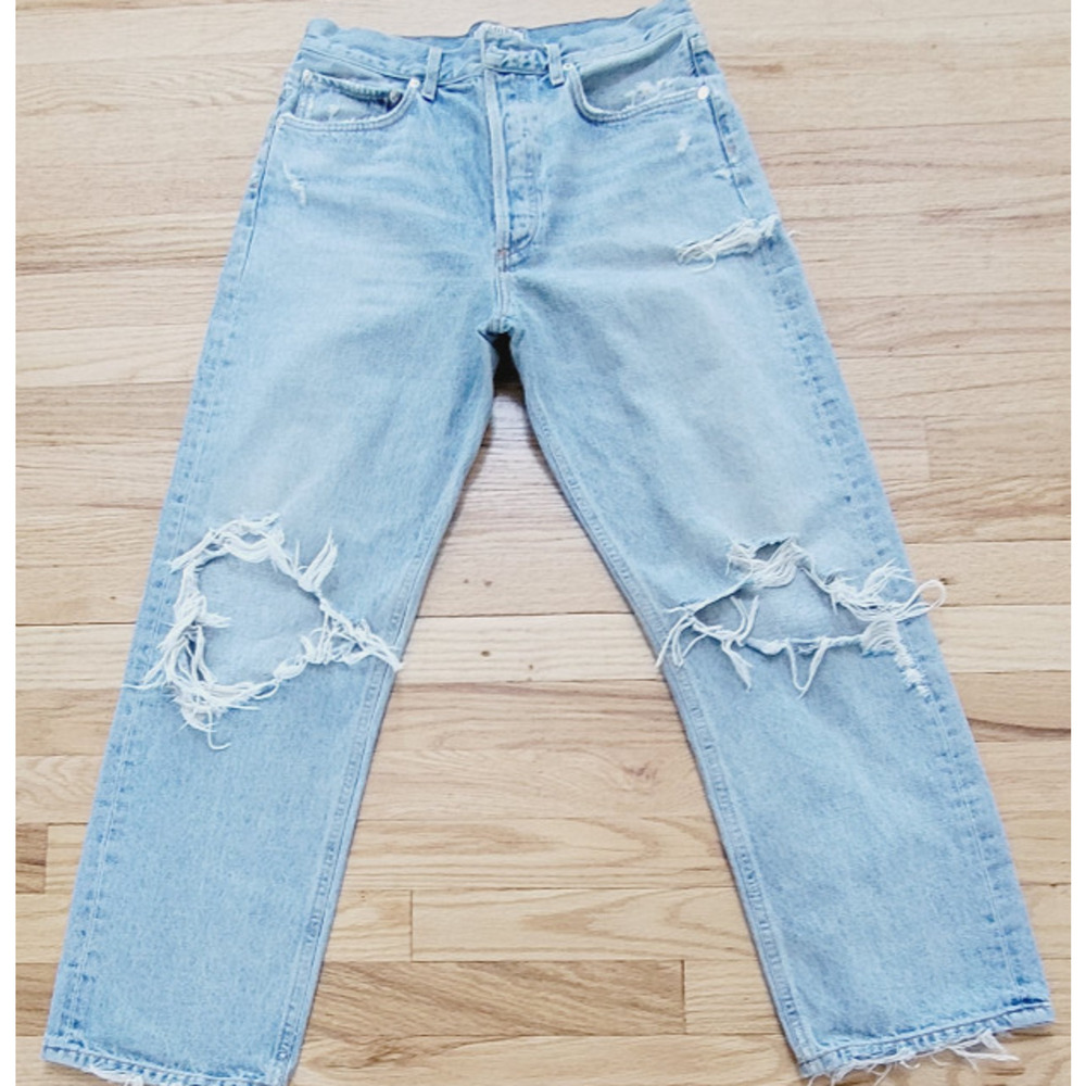 Agolde Premium Womens Distress Fly Button High Rise Straight Leg Jeans Size 28